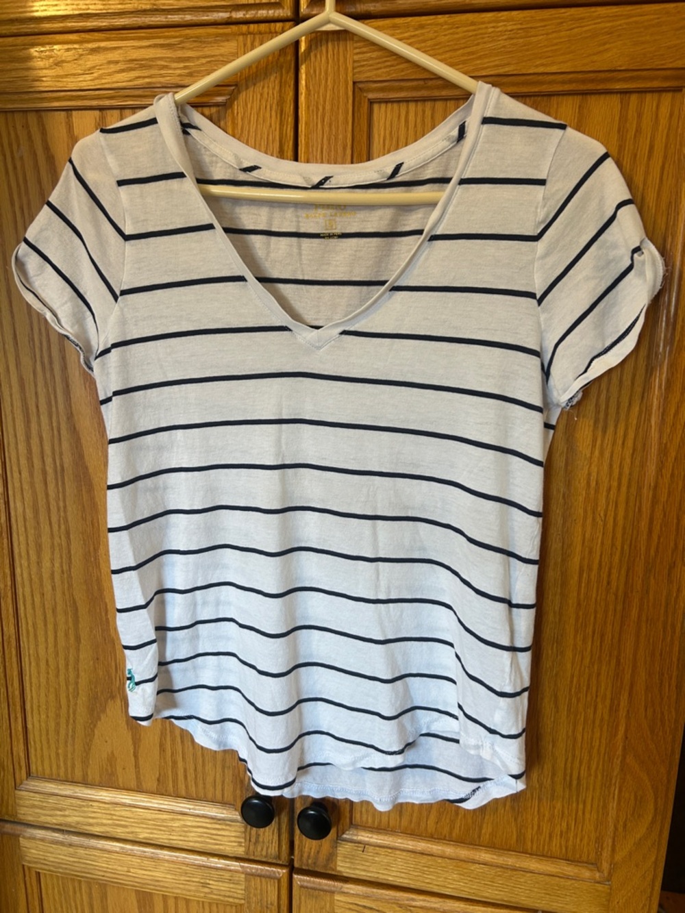 Polo by Ralph Lauren White Short Sleeve V-Neck Top with Black Stripes